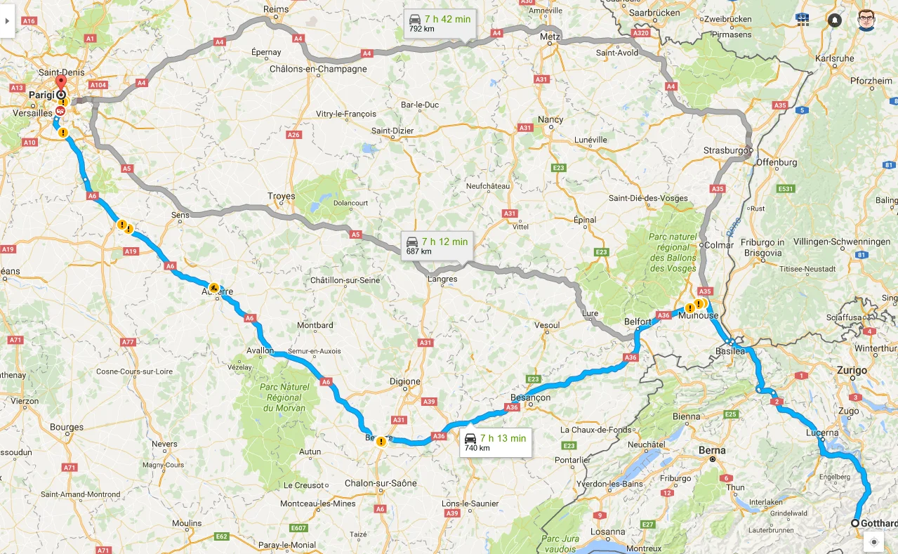 percorsi in auto a Parigi via Svizzera...