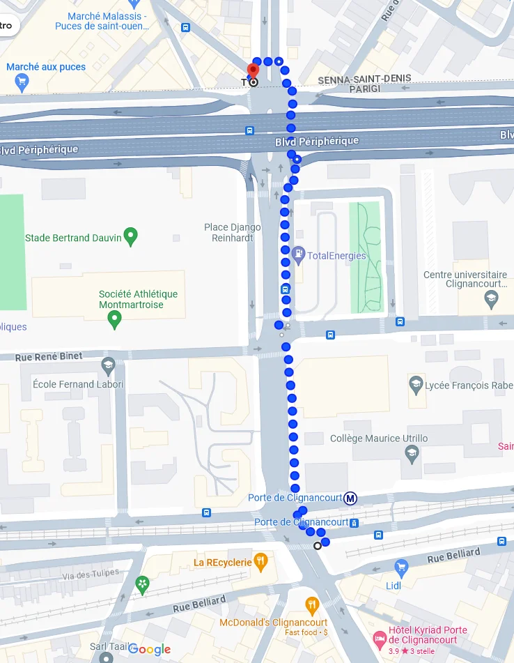 percorso per il mercato delle pulci a Parigi st-Ouen porte Clignancourt