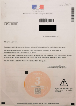 lettera con bollinao ambientale crit'air Parigi